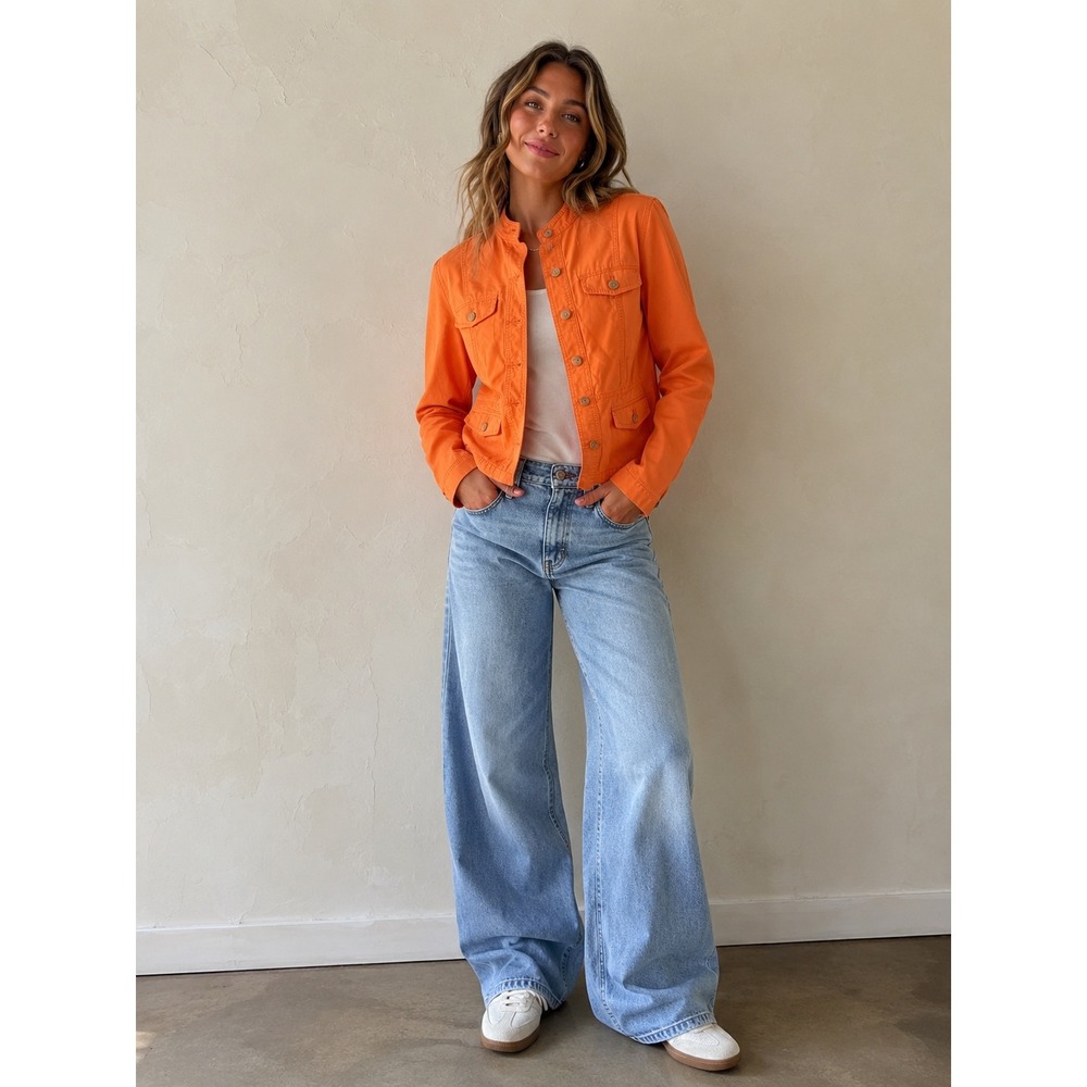 Talbots Orange Utility Jacket Womens Small Mock Neck Button Front Cotton Blend